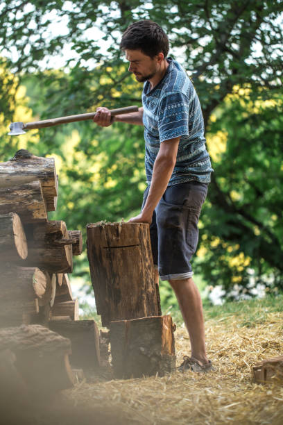 istock Man chopping wood with an axe 806770766