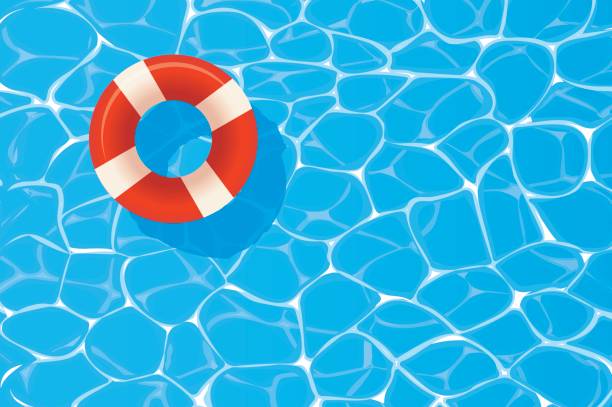 illustrazioni stock, clip art, cartoni animati e icone di tendenza di anello della piscina rossa galleggiante in una piscina blu. sfondo estivo. - lifeguard swimming pool summer swimming