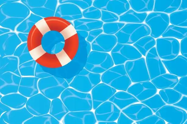 Vector illustration of Red pool ring floating in a blue swimming pool. Summer background.