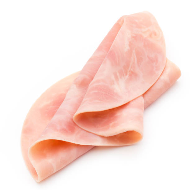istock Thin slices of ham on white background. 806774256