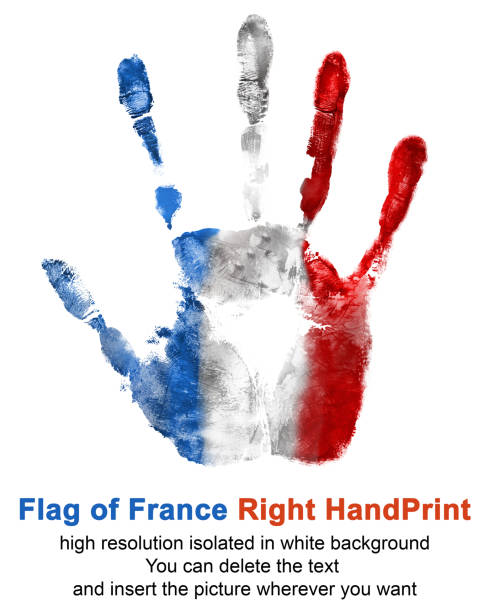 mano derecha impresión en color de la bandera francesa aislado sobre fondo blanco. símbolo de francia y días festivos para uso en web e imprimir. - 1945 fotografías e imágenes de stock