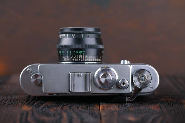 istock The old rangefinder camera on a wooden background. 806785258