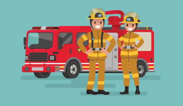stockillustraties, clipart, cartoons en iconen met brand dienst werknemers man en vrouw. brandweerlieden op de achtergrond van de servicewagen - brandweer
