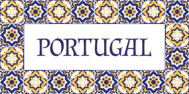 Portugal travel banner vector Portugal travel banner vector. Tourism typography design with azulejos tiles pattern frame. portugal stock illustrations