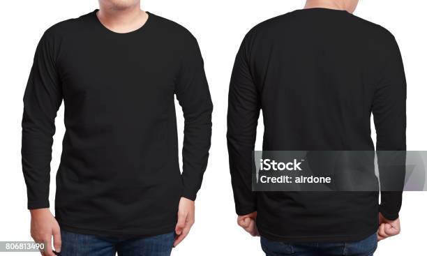 Black Long Sleeved Shirt Design Template Stock Photo - Download Image Now - Long Sleeved, Black Color, T-Shirt