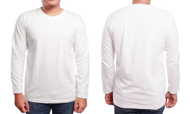 White Long Sleeved Shirt Design Template White long sleeved t-shirt mock up, front and back view, isolated. Male model wear plain white shirt mockup. Long sleeve shirt design template. Blank tees for print white long sleeve shirt stock pictures, royalty-free photos & images