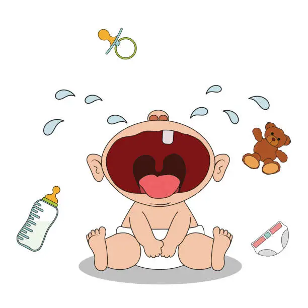Vector illustration of Little baby boy sits and cries.