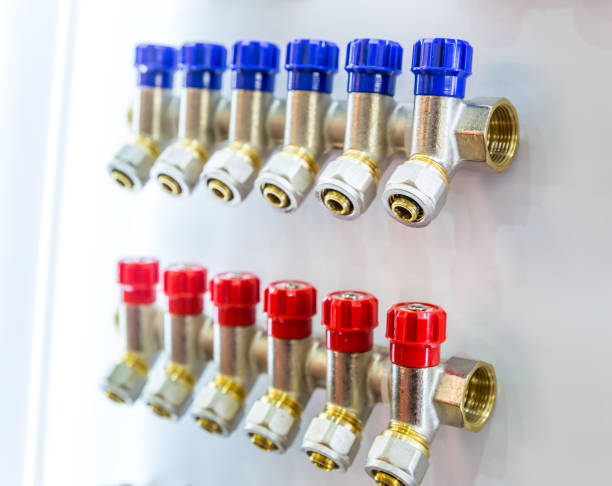 istock Red and blue valves closeup, pressure controllers 806819988