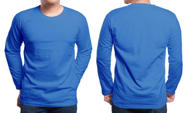 Blue Long Sleeved Shirt Design Template Blue long sleeved t-shirt mock up, front and back view, isolated. Male model wear plain blue shirt mockup. Long sleeve shirt design template. Blank tees for print long sleeved stock pictures, royalty-free photos & images