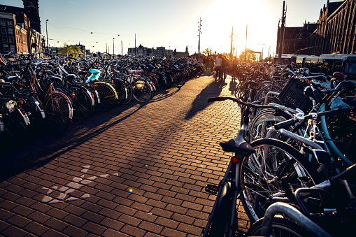 Crowded bike parking in Amsterdam downtown. Cycling is a ubiquitous mode of transport in the Netherlands, with 36% of the people listing the bicycle as their most frequent mode of transport on a typical day.