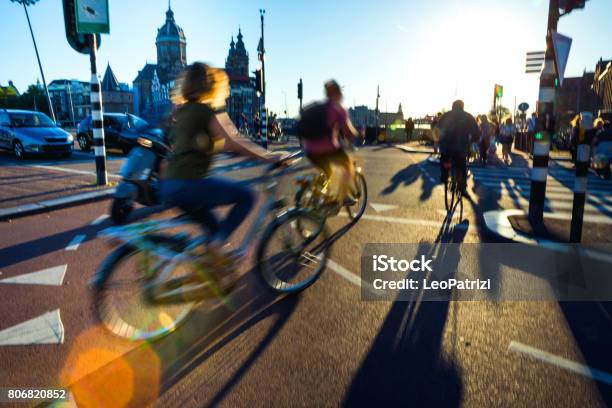 Crowded City Street Cyclists And Pedestrians Stock Photo - Download Image Now - Cycling, City, Bicycle