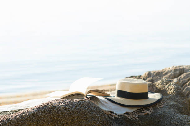 istock Summer hat and open book on rock at beach. 806831964