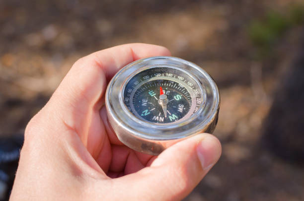 Male hand holding a compass on the forest background