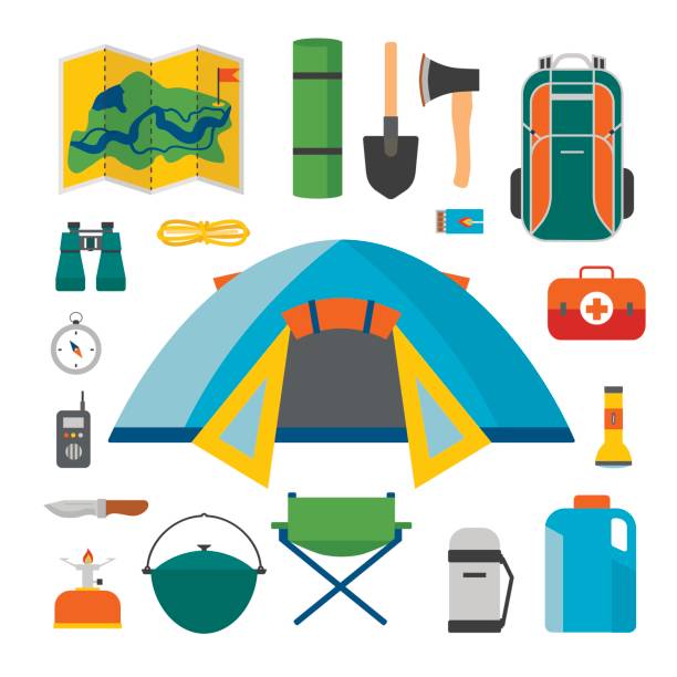 istock Set of camping and tourism on an outdoor flat style. 806849534