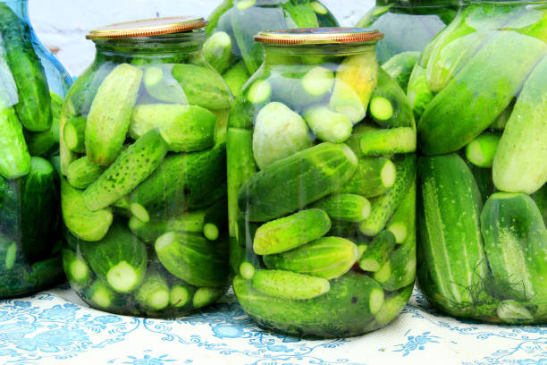 istock Cucumbers in the jars prepared for preservation 806858516