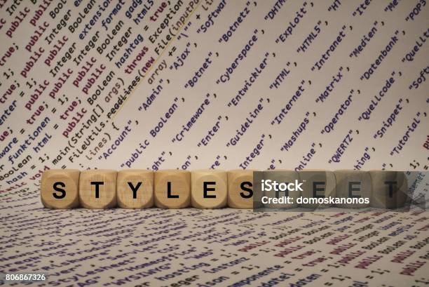 Stylesheet Cube With Letters And Words From The Computer Software Internet Categories Wooden Cubes Stock Photo - Download Image Now