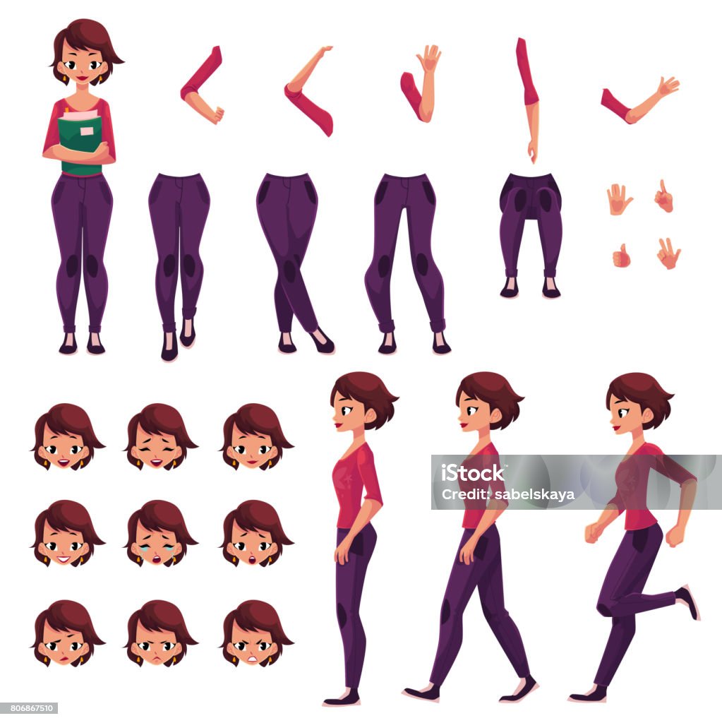 Student, young woman character creation set, different poses, gestures, faces Student, young woman character creation set with different poses, gestures, faces, cartoon vector illustration on white background. Studemt girl creation set, constructor, changeable face, legs, arms Characters stock vector