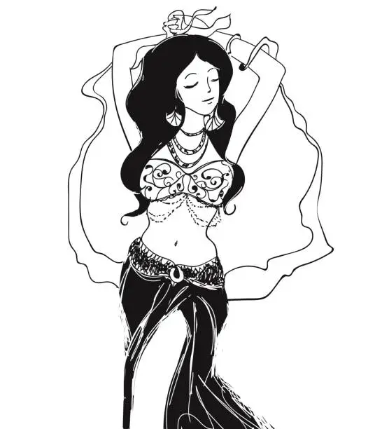 Vector illustration of Vector oriental bellydance, arabian tribal dancing woman