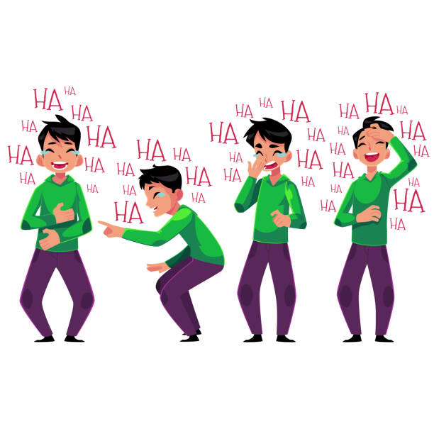 Young man laughing out loud, bent over with laughter Young man laughing out loud, bent over with laughter, cartoon vector illustration isolated on white background. Full length portrait of young man bursting with laughter set, laughing to tears man laughing hard stock illustrations