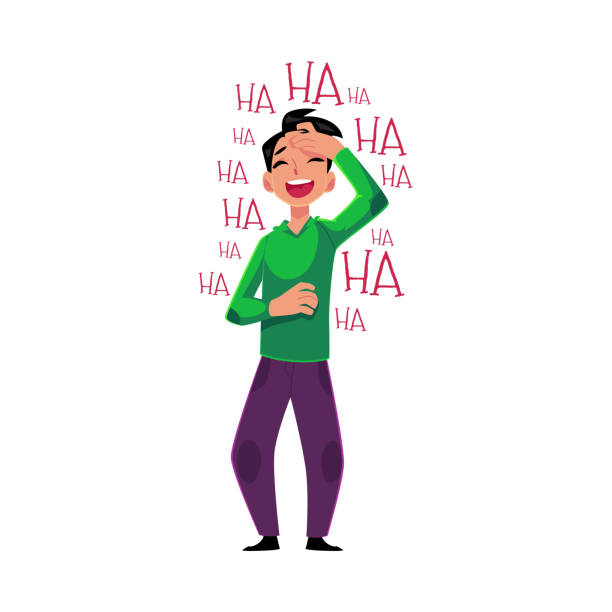 Young man laughing out loud, crying from laughter, holding forehead Young man laughing out loud, crying from laughter holding forehead, cartoon vector illustration isolated on white background. Full length portrait of young man bursting with laughter, laughing to tear man laughing hard stock illustrations