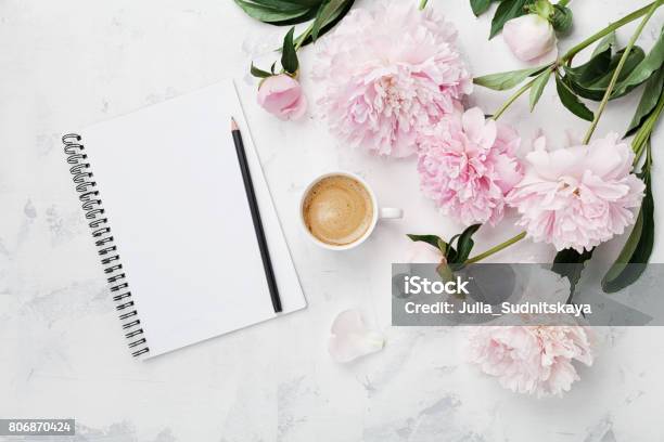 Morning Coffee Mug For Breakfast Empty Notebook Pencil And Pink Peony Flowers Flat Lay Woman Working Desk Stock Photo - Download Image Now