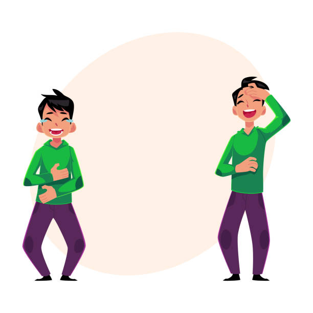 Young man crying from laughter, holding stomach, hand on forehead Young man laughing out loud, crying from laughter in two positions - holding stomach and hand on forehead, cartoon vector illustration with space for text. Young man laughing to tears man laughing hard stock illustrations