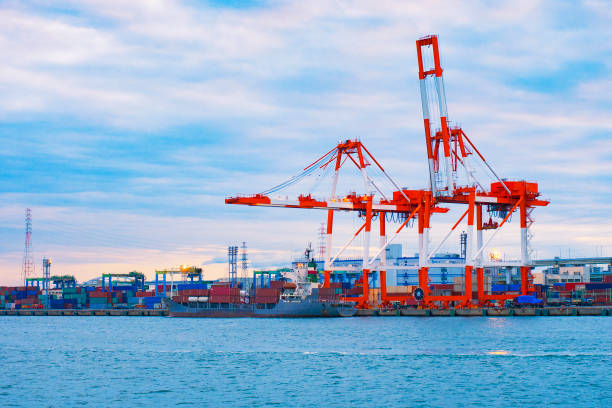 istock Commercial delivery cargo container ship at Osaka harbor bay , Japan in logistics and transportation concept 806876252