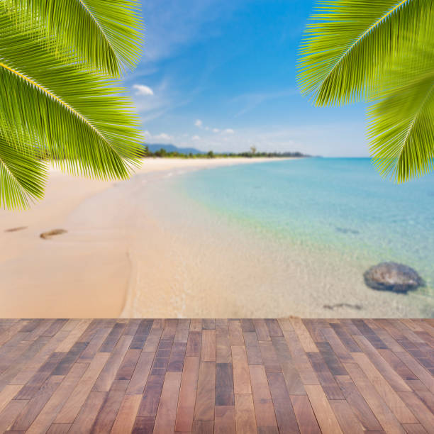 istock Green coconut leaf frame with wooden floor on tropical beach background. 806883608