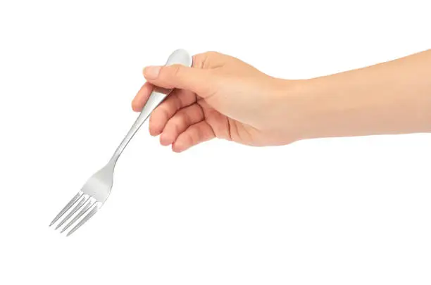 Photo of Female hands hold a fork. Isolated on white background