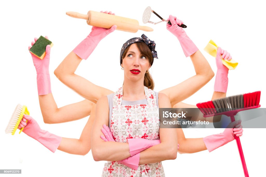 Very busy multitasking housewife on white background. Concept of supermom and superwoman Women Stock Photo