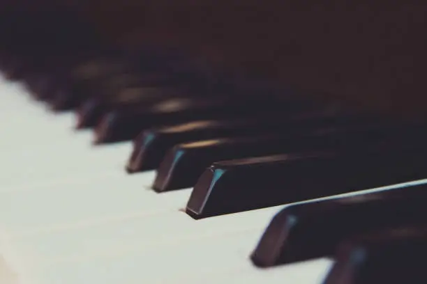 Black and white piano keys closeup.