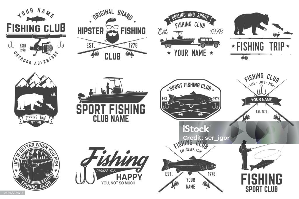 Clube de pesca desportiva. Ilustração vetorial - Vetor de Pescaria royalty-free