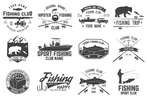 Fishing club. Vector illustration. Concept for shirt or icon, print, stamp or tee. Vintage typography design with fish rod silhouette.