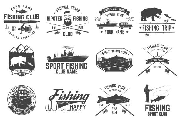 Fishing sport club. Vector illustration Fishing club. Vector illustration. Concept for shirt or icon, print, stamp or tee. Vintage typography design with fish rod silhouette. stock fish stock illustrations