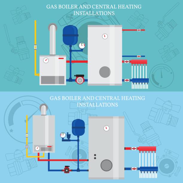 ilustrações, clipart, desenhos animados e ícones de instalações de aquecimento central e caldeira, planas aquecimento conce - heating element