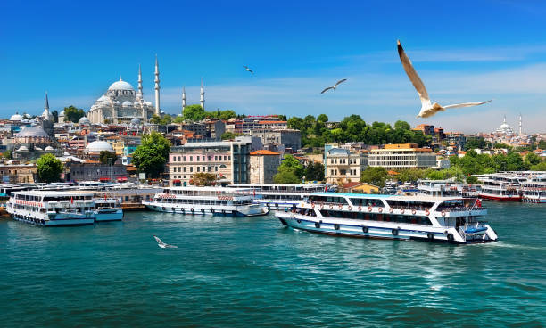 Boats in Istanbul Touristic boats in Golden Horn bay of Istanbul and view on Suleymaniye mosque, Turkey bosphorus stock pictures, royalty-free photos & images