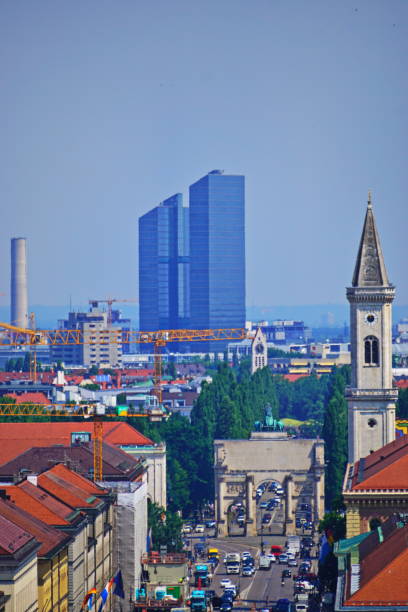 Bavaria Munich. Panoramic view from the New City Hall Tower at noon. Munich, Germany - Bavaria. Panoramic view from the New City Hall Tower to the northen of the city with the Siegestor  and Bank building at the horizont. siegestor stock pictures, royalty-free photos & images
