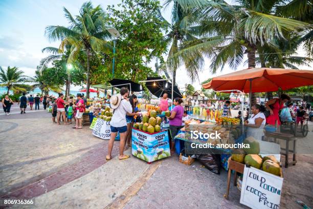Street Market On Playa Del Carmen Selling Gifts Fruits And Snacks Mexico Stock Photo - Download Image Now
