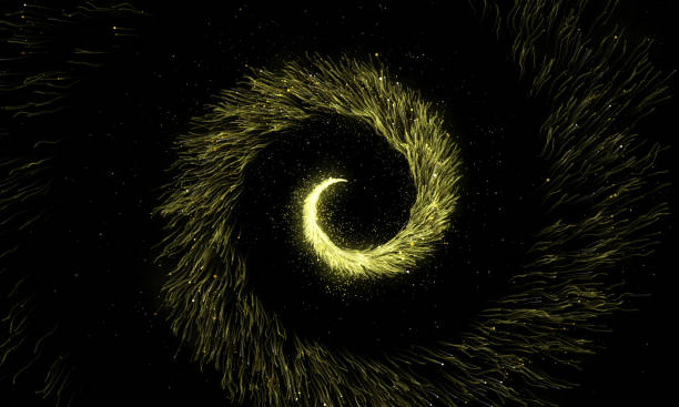 illustrazioni stock, clip art, cartoni animati e icone di tendenza di scia spirale scintillante d'oro di particelle di polvere scintillanti su sfondo nero. - 6139