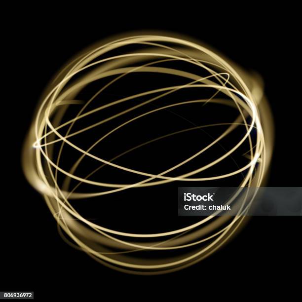 Gold Light Circle Strings Speed Motion In Sphere On Black Background Stock Illustration - Download Image Now