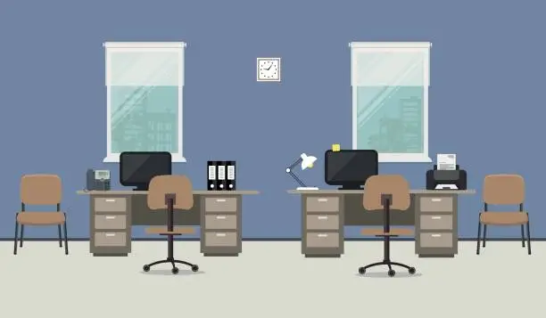 Vector illustration of Workplace of office workers on a blue background