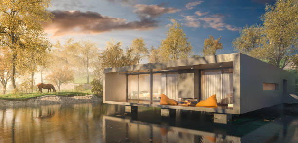 istock 3d Rendering of a Modern House over Lake 806950278