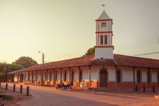 Dawn in the town hall of the Concepcion village, jesuit missions in the Chiquitos region, Bolivia stock photo