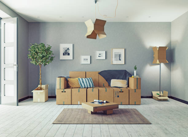 cardboard boxes design room The room with card cardboard boxes instead of furniture. 3d concept lifehack stock pictures, royalty-free photos & images