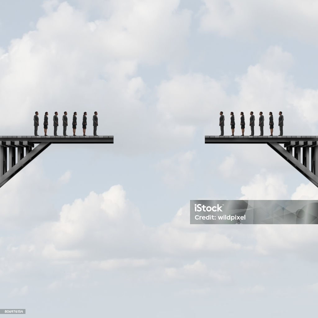 Divided Groups Divided groups concept as two teams of people on a broken bridge as a business metaphor for corporate separation with 3D illustration elements. Separation Stock Photo