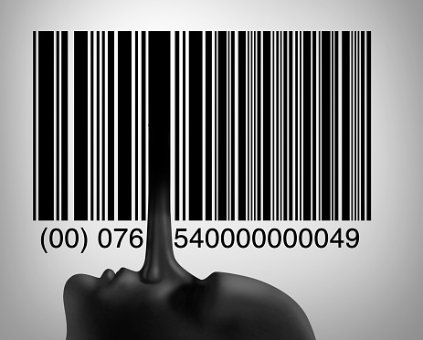 Consumer or customer fraud and deceptive practices as retail fraudulent symbol as a liar long nose as one of the bars in a barcode or upc code in a 3D illustration style.