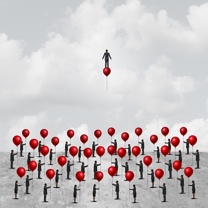 Individual thinking business concept as a group of peopleon the ground holding balloons with one clever and innovative businessman riding a balloon as an individuality metaphor with 3D illustration elements.