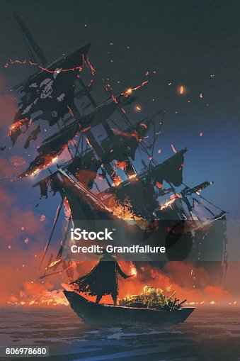 istock pirate on boat with treasure looking at sinking ship 806978680