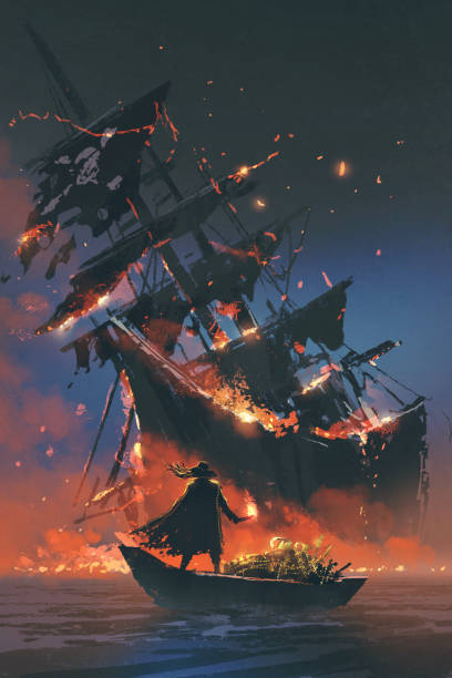 pirate on boat with treasure looking at sinking ship the pirate with burning torch standing on boat with treasure looking at sinking ship, digital art style, illustration painting sinking boat stock illustrations