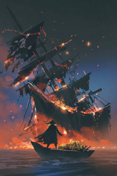 pirate on boat with treasure looking at sinking ship the pirate with burning torch standing on boat with treasure looking at sinking ship, digital art style, illustration painting ship stock illustrations